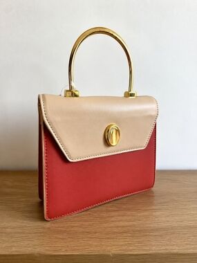 Two-Tone Rust and Beige Structured Top-Handle Satchel